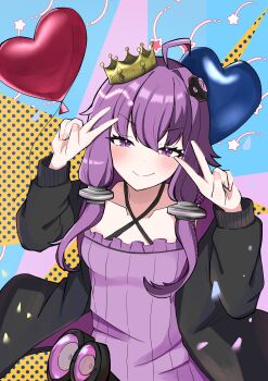 1girl ahoge balloon black_jacket blush closed_mouth commentary_request crown double_v frills heart_balloon highres jacket looking_at_viewer low-tied_sidelocks open_clothes open_jacket purple_eyes purple_hair sidelocks smile solo star_(symbol) totemokame v vocaloid yuzuki_yukari