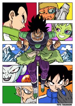 1girl 6+boys angry bracer broly_(dragon_ball_super) cheelai commentary commentary_request dragon_ball dragon_ball_(object) dragon_ball_super final_form_frieza frieza highres holding holding_weapon jacket lemo_(dragon_ball) mountain multiple_boys muscular muscular_male paragus_(dragon_ball_super) scouter smile son_goku takahashi_yuuya vegeta weapon