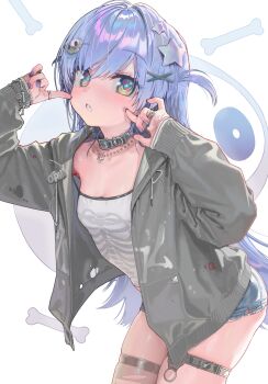 1girl black_collar breasts camisole cleavage collar commentary cross cross_necklace denim denim_shorts hair_ornament hands_up highres hood hooded_jacket jacket jewelry kanzarin leaning_forward long_hair looking_at_viewer necklace open_clothes open_jacket open_mouth purple_hair short_shorts shorts single_thighhigh skeleton_print small_breasts solo star_(symbol) star_hair_ornament thigh_strap thighhighs torn_clothes torn_jacket torn_shorts torn_thighhighs two_side_up very_long_hair virtual_youtuber vspo! white_camisole yano_kuromu