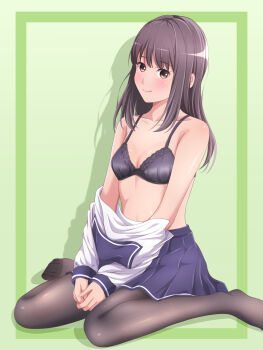 1girl akippoi_0919 black_pantyhose bra brown_eyes brown_hair highres original own_hands_together pantyhose partially_undressed school_uniform serafuku sitting underwear wariza