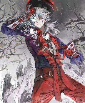 1boy absurdres black_shirt blue_eyes flower flower_over_eye frilled_shirt frills gloves hand_in_own_hair highres identity_v long_hair makeup male_focus naib_subedar naib_subedar_(man_in_red) official_alternate_costume pants parted_lips pectoral_cleavage pectorals pointing pointing_down red_gloves red_pants runny_makeup shadow_hands shirt single_hair_intake stitched_mouth stitches white_flower white_hair xiaomianduoshao