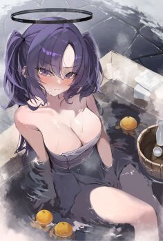 1girl absurdres alternate_costume bare_shoulders bathing blue_archive blush breasts bucket closed_mouth collarbone comiket_107 commentary_request cover food fruit fruit_on_liquid hair_tie halo highres large_breasts long_hair looking_at_viewer mechanical_halo naked_towel onsen outdoors purple_eyes purple_hair snow sukoyaka_konbu sweatdrop textless_version thighs towel towel_tug two_side_up water wet wooden_bucket yuuka_(blue_archive) yuzu_(fruit) yuzu_bath