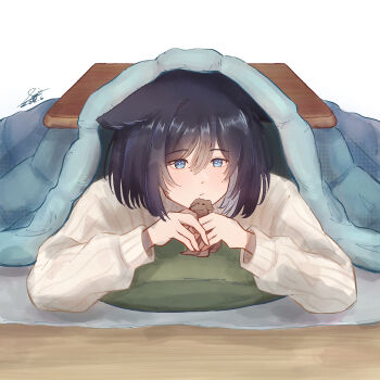1girl absurdres animal_ears animalization black_hair blue_eyes cat_ears closed_mouth commentary cushion highres kotatsu lying medium_hair miyagi_shiori on_stomach piapie06 sendai_hazuki shuuniichido_classmate_wo_kau_hanashi solo sweater table under_kotatsu under_table untranslatable_commentary white_sweater