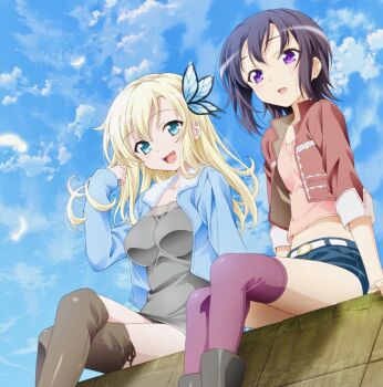 2girls aqua_eyes arm_support black_hair blonde_hair blue_jacket blue_sky boku_wa_tomodachi_ga_sukunai boots breasts brown_footwear butterfly_hair_ornament collarbone commentary_request day denim denim_shorts dress fang feathers grey_dress hair_ornament highres jacket kashiwazaki_sena knee_boots long_hair long_sleeves looking_ahead looking_at_viewer medium_breasts mikazuki_yozora multiple_girls official_art open_mouth pink_thighhighs purple_eyes red_jacket short_hair shorts sitting sky thigh_boots thighhighs watanabe_yoshihiro