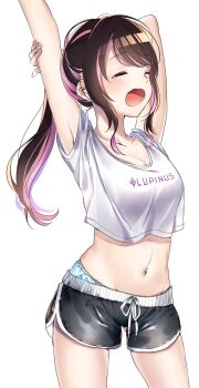 1girl blue_eyes blue_panties breasts brown_hair cleavage cropped_shirt highres kaga_nazuna lupinus_virtual_games midriff panties panty_peek pink_hair pome_charo ponytail shorts skin_tight solo stretching underwear virtual_youtuber vspo!