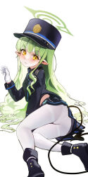 Rule 34 | 1girl, absurdres, arm support, ass, black jacket, black skirt, blue archive, blush, boots, curly hair, demon girl, demon tail, frown, full body, gloves, green hair, green halo, hair between eyes, halo, hand up, hat, highres, hikari (blue archive), jacket, long hair, looking at viewer, looking back, lying, mamo (user jjca7524), midriff peek, miniskirt, on side, panties, panties under pantyhose, pantyhose, pleated skirt, skirt, solo, tail, tears, thighs, underwear, upskirt, very long hair, white gloves, yellow eyes