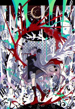 1girl abstract_background absurdres asymmetrical_footwear asymmetrical_sleeves black_coat black_flower black_gloves black_socks boots chain closed_eyes coat commentary crescent_moon facing_up floating_hair flower from_side full_body gloves gradient_hair grey_hair grey_shorts hair_flower hair_ornament halftone halftone_background hands_up head_back highres isekaijoucho kamitsubaki_studio knee_boots kneehighs liquid long_hair lyrics moon multicolored_hair nishinoda own_hands_clasped own_hands_together parted_lips pink_hair profile red_boots red_hair shorts single_boot single_glove single_knee_boot socks solo standing standing_on_one_leg star_(symbol) streaked_hair symbol-only_commentary translation_request uneven_footwear uneven_sleeves very_long_hair virtual_youtuber