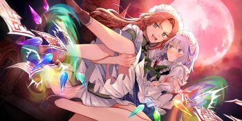 2girls apron back_bow black_shoes blue_dress blue_eyes blush boots bow bowtie braid breasts brown_boots brown_hair carrying closed_mouth cloud cloudy_sky collared_shirt commentary crossed_arms crystal danmaku dress english_commentary eyes_visible_through_hair fang fangs fingernails frills full_moon game_cg geokinesis green_bow green_bowtie green_dress green_eyes grey_apron grey_bow grey_hair grey_shirt grey_socks hair_between_eyes hair_bow hands_up highres hong_meiling hong_meiling_(chinese_maid_for_the_day) izayoi_sakuya jewelry juliet_sleeves leg_up long_fingernails long_hair long_sleeves looking_at_another looking_to_the_side maid maid_headdress mansion medium_breasts moon moonlight multiple_girls night night_sky official_art ofuda open_mouth pink_nails princess_carry puffy_sleeves rainbow red_moon red_sky risui_(suzu_rks) running scarlet_devil_mansion shadow shirt shoes short_hair short_sleeves sitting sitting_on_person sky smile socks teeth third-party_source tongue touhou touhou_lostword twin_braids yuri