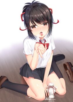 10s 1girl alcohol between_legs black_skirt black_socks blouse blush brown_shoes collared_shirt female_focus hand_between_legs heart heart-shaped_pupils highres kimi_no_na_wa. kneehighs loafers looking_at_viewer miniskirt miyamizu_mitsuha mvv open_mouth pleated_skirt ponytail sake school_uniform shirt shoes short_sleeves sidelocks single_shoe sitting skirt socks solo string string_of_fate suggestive_fluid symbol-shaped_pupils tassel thighs unworn_shoes wariza white_shirt wooden_floor