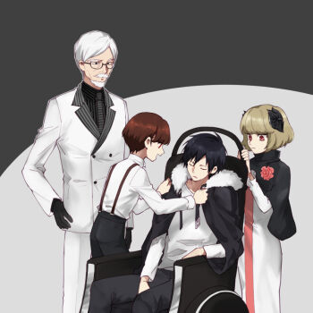 1girl 3boys beard black_gloves black_hair blonde_hair bob_cut brown_hair closed_eyes densuke_sozoro dress dressing_another durarara!! facial_hair flower formal_clothes fur_trim glasses gloves hair_flower hair_ornament hanakan haruto_(durarara!!) himari_(durarara!!) jacket multiple_boys mustache necktie old old_man orihara_izaya pants red_eyes short_hair sitting sleeping suit suspenders wheelchair white_hair white_suit