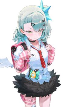 Rule 34 | 1girl, absurdres, arm warmers, backpack, bag, bandaid, bandaid hair ornament, belt, black bow, blue bow, blue hair, blunt bangs, blush, bow, breast pocket, breasts, cat hair ornament, collarbone, collared shirt, commentary, cowboy shot, crime prevention buzzer, downturned eyes, dress shirt, fur-trimmed skirt, fur trim, green eyes, hair ornament, hairclip, heart, heart hair ornament, highres, korean commentary, medium hair, multiple hair clips, near 181, necktie, pink arm warmers, pink bag, pocket, polka dot, polka dot bow, pouch, randoseru, red necktie, shirt, side ponytail, simple background, skirt, small breasts, standing, striped arm warmers, sunna (zenless zone zero), sweatdrop, thigh pouch, thigh strap, virtual pet (toy), white background, white shirt, white wings, winged bag, wings, x hair ornament, zenless zone zero