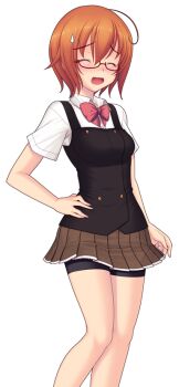 Rule 34 | 1girl, ahoge, bike shorts, bike shorts under skirt, blush, bow, bowtie, brown skirt, closed eyes, game cg, genseishinki sacred virth, glasses, hand on own hip, horikoshi hinano, large variant set, non-web source, official art, open mouth, orange hair, pleated skirt, red-framed eyewear, school uniform, semi-rimless eyewear, short hair, shorts, shorts under skirt, skirt, solo, sweatdrop, transparent background, under-rim eyewear, variant set, vest, yuugure pairo