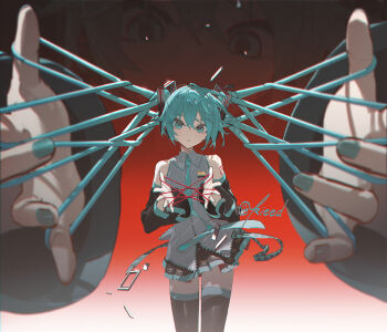 Rule 34 | 1girl, aqua eyes, aqua hair, aqua nails, aqua necktie, arm tattoo, artist name, black skirt, black thighhighs, cat's cradle, collared shirt, detached sleeves, gradient background, grey shirt, hatsune miku, highres, kieed, looking at viewer, necktie, number tattoo, parted lips, pleated skirt, red background, shirt, skirt, sleeveless, sleeveless shirt, tattoo, thighhighs, twitter username, two-tone background, vocaloid, white background
