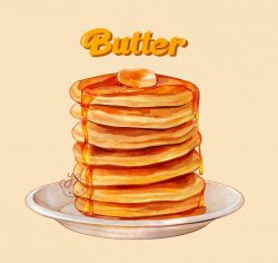 Rule 34 | artist logo, butter, english text, food, food focus, no humans, original, pancake, pancake stack, plate, simple background, white background, ydxart