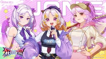 3girls belt beret black_skirt black_sports_bra blonde_hair blush bow bowtie breasts brown_eyes closed_mouth crop_top gradient_hair hat highres holding holding_microphone hood hooded_jacket hoodie horns humanization jacket long_hair long_sleeves microphone midriff multicolored_hair multiple_girls navel necktie nuan_yangyang official_art open_mouth pink_background pink_eyes pink_hair pink_hoodie pink_skirt ponytail purple_bow purple_bowtie purple_eyes purple_hair purple_hands purple_horns purple_jacket purple_skirt red_necktie sheep_horns shirt simple_background skirt smile sports_bra star_(symbol) streaked_hair white_hair white_shirt xiyangyang_yu_huitailang