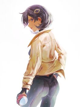 1girl absurdres ass black_hair blue_eyes bodysuit bodysuit_under_clothes closed_mouth collared_jacket commentary_request emma_(pokemon) gloves hair_ornament highres holding holding_poke_ball jacket kolario long_sleeves looking_at_viewer looking_back nintendo poke_ball poke_ball_(basic) pokemon pokemon_legends:_z-a short_hair simple_background solo white_background yellow_jacket