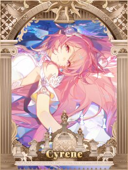 1girl armlet ask_(askzy) bare_shoulders breasts character_name chess_piece chinese_commentary chromatic_aberration closed_mouth commentary_request cyrene_(honkai:_star_rail) cyrene_(ripples_of_past_reverie)_(honkai:_star_rail) flower hair_flower hair_ornament hair_spread_out highres honkai:_star_rail honkai_(series) jewelry long_hair looking_at_viewer looking_to_the_side lying medium_breasts on_back photoshop_(medium) pink_hair pointy_ears purple_eyes purple_flower purple_rose rose sidelocks smile solo