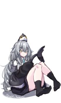 Rule 34 | 1girl, absurdres, black jacket, black skirt, black socks, blue necktie, brown eyes, cetacean tail, closed mouth, collared shirt, colored eyelashes, commentary request, fins, fish tail, grey hair, hair between eyes, highres, jacket, knees together feet apart, knees up, long hair, long sleeves, looking at viewer, necktie, no shoes, on head, puffy long sleeves, puffy sleeves, rurune (vrchat), shadow, shirt, simple background, sitting, skirt, sleeves past fingers, sleeves past wrists, socks, solo, tail, twitter username, very long hair, vrchat, white background, white shirt, yuki kawachi