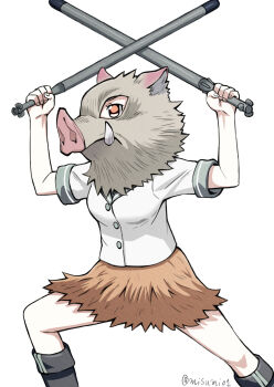 Rule 34 | 1girl, adapted costume, black footwear, boar mask, boots, buttons, commentary request, cosplay, dual wielding, grey sailor collar, hashibira inosuke, hashibira inosuke (cosplay), highres, holding, kanji connection, kantai collection, kimetsu no yaiba, kinu (kancolle), knee boots, misumi (niku-kyu), name connection, orange eyes, parody, pun, sailor collar, school uniform, serafuku, shirt, short sleeves, torpedo, twitter username, white shirt