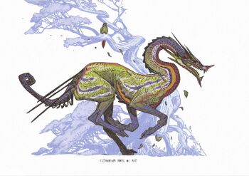 2025 2others bird commentary creature curled_tail dated dragon english_commentary fantasy long_neck multiple_others no_humans open_mouth original parrot ran_(yitanran) running sharp_teeth teeth tree white_background