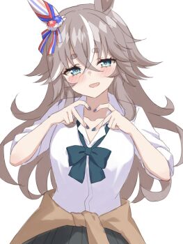 Rule 34 | 1girl, animal ears, astroglia cyte, blue bow, blue eyes, blue nails, blush, bow, breasts, brown cardigan, cardigan, cardigan around waist, clothes around waist, collared shirt, commentary request, ear covers, four-finger heart hands, grey hair, grey skirt, hair between eyes, heart, heart hands, highres, horse ears, horse girl, long hair, looking at viewer, multicolored hair, multiple girls, open mouth, school uniform, shirt, simple background, single ear cover, skirt, smile, solo, streaked hair, umamusume, white background, white shirt, wonder acute (umamusume)