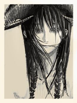 1girl animated animated_gif ayez border closed_mouth commentary expressionless glowing glowing_eyes grey_background greyscale horns lips long_hair looping_animation monochrome original portrait solo straight-on straight_hair symbol-only_commentary very_long_hair white_border