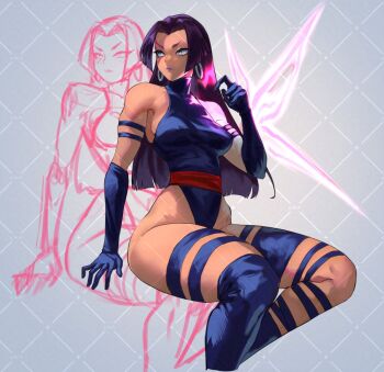 1girl arm_strap bare_shoulders blue_eyes blue_gloves blue_leotard breasts commentary earrings english_commentary gabriel_carrasquillo gloves hand_up highleg highleg_leotard hoop_earrings jewelry large_breasts leotard long_hair looking_to_the_side marvel marvel_rivals multiple_thigh_straps parted_bangs psylocke psylocke_(vengeance) purple_hair red_sash sash sitting sleeveless_turtleneck_leotard solo taut_leotard thick_thighs thigh_strap thighhighs thighs waist_sash x-men