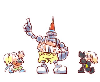 1girl 2boys :3 black_gloves black_vest blonde_hair blue_headband blue_scarf blue_shoes check_commentary chibi commentary commentary_request cosplay daito_giken_koushiki_pachi-slot_simulator f.k._(shake2) final_fantasy final_fantasy_x fingerless_gloves gloves grin hand_on_own_hip headband joints kneeling medium_hair meme midriff multiple_boys no_pupils open_mouth orange_hair orange_shirt pointing pointing_up pointy_hair ponytail rikku_(ff10) robot robot_boy robot_joints scarf shake2 shirt shoes shorts simple_background smile standing teeth tidus tidus_no_chinpo_kimochiyo_sugidaro!_(meme) vest wakka wakka_(cosplay) white_background yellow_eyes yellow_shorts zombieskick