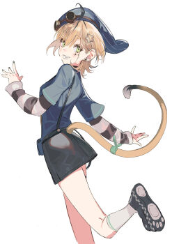 1girl :d absurdres ahoge black_nails black_shoes black_shorts black_sleeves black_streaks blonde_hair blue_hat blue_shirt dooby earrings facial_tattoo foot_out_of_frame foot_up_heel_up from_behind green_eyes grin hair_behind_ear hair_ornament hand_up hat highres indie_virtual_youtuber jerboa_tail jewelry layered_sleeves long_sleeves looking_at_viewer looking_back mouse_tail multicolored_hair nail_polish open_mouth pako_(pakosun) paw_shoes shirt shoes short_hair short_over_long_sleeves short_sleeves shorts simple_background smile socks solo star_(symbol) star_hair_ornament streaked_hair striped_hat striped_sleeves suspender_shorts suspenders tail tattoo thick_eyebrows thigh_strap two-tone_hair virtual_youtuber white_background white_sleeves white_socks