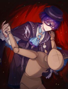 1boy alternate_costume aqua_ascot aqua_gemstone ascot black_coat black_gloves black_hat black_shorts blunt_ends boater_hat brooch coat curtains dancing domino_mask eye_mask eyeliner eyeshadow feathers fingernails formal_clothes frilled_shirt_collar frilled_sleeves frills gem genshin_impact gloves gold hat highres jewelry lapels layered_ascot long_sleeves looking_at_viewer makeup male_focus mask open_mouth pom_pom_(clothes) puppet purple_ascot purple_eyes purple_hair purple_mask red_eyeliner red_eyeshadow scaramouche_(genshin_impact) shirt shorts sketch solo spotlight twitter_username undershirt variant_set wanderer_(genshin_fes_2026)_(genshin_impact) wanderer_(genshin_impact) white_mouth white_shirt white_sleeves white_trim wispy_bangs yellow_feathers yunhhj