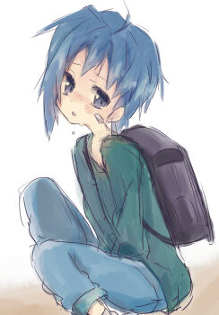 10s 1boy androgynous backpack bag bandaid blue_eyes blue_hair blush cardfight!!_vanguard character_request male_focus matching_hair/eyes nakamura_sandayo randoseru sendou_aichi simple_background solo tears tms_entertainment v_arms white_background