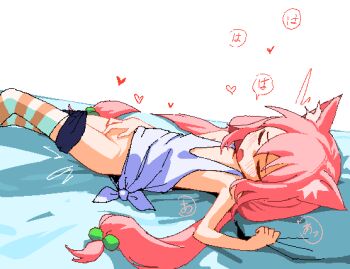 1girl animal_ear_fluff animal_ears bare_arms bare_shoulders blue_pants blush cat_ears closed_eyes clothes_pull commentary hair_between_eyes hair_bobbles hair_ornament hand_up heart indie_virtual_youtuber knee_up long_hair lying masturbation nekomiya_hinata on_back open_mouth orange_thighhighs pants pillow pillow_grab preamy_kyuushi shirt short_shorts shorts shorts_pull solo speech_bubble straight_hair striped_clothes striped_thighhighs thighhighs tied_shirt translation_request twintails twitching white_background white_shirt