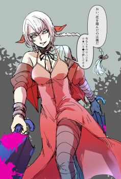 aerith_gainsborough aerith_gainsborough_(cosplay) bandaged_arm bandaged_leg bandaged_neck bandages bangle bracelet braid breasts brown_eyes bswc choker cleavage commentary_request cosplay cowboy_shot cropped_jacket dress dual_wielding flower_choker grey_hair hair_ribbon highres holding holding_umbrella jacket jacket_partially_removed jewelry kaine_(nier) long_dress long_hair medium_breasts nier_(series) parted_lips pink_dress pink_ribbon profanity red_jacket ribbon ribbon_choker short_hair_with_long_locks single_braid sketch smile spaghetti_strap umbrella walking