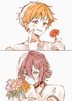 1boy 1girl black_choker blonde_hair blue_flower blush bouquet chainsaw_man choker closed_mouth collared_shirt denji_(chainsaw_man) er1ji6ou2004 finger_to_cheek flower green_eyes hair_between_eyes hair_bun hetero holding holding_bouquet holding_flower medium_hair orange_flower parted_lips pink_flower purple_hair red_eyes red_flower reze_(chainsaw_man) sharp_teeth shirt short_hair smile teeth updo upper_body white_background white_shirt yellow_flower
