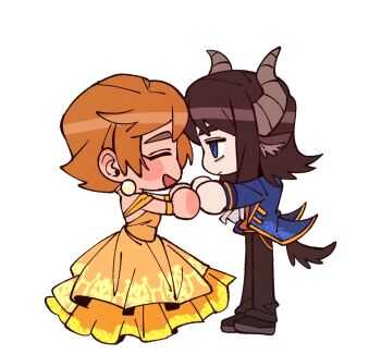 1boy 1girl abaddon_(haunted_hotel) animal_ears ascot beast_(disney) beast_(disney)_(cosplay) beauty_and_the_beast_(disney) belle_(disney) belle_(disney)_(cosplay) blue_coat blue_eyes brown_hair chibi coat coattails commentary_request cosplay dress esther_freeling haunted_hotel hetero holding_hands horns insidej043 kemonomimi_mode korean_commentary long_hair looking_at_another orange_hair short_hair simple_background standing tail tailcoat white_background yellow_dress