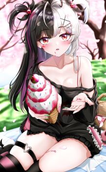 1girl black_hair black_shirt black_thighhighs blush breasts byeoljagga cherry_blossoms cleavage commentary_request eyeshadow hair_ornament hairclip heart heart_o-ring highres holding holding_ice_cream_cone ice_cream_cone korean_commentary lacrimosa_(nte) long_hair looking_at_viewer makeup multicolored_hair neverness_to_everness o-ring o-ring_thigh_strap open_mouth outdoors purple_streaks red_eyes red_eyeshadow shirt small_breasts solo split-color_hair streaked_hair thigh_strap thighhighs twintails two_side_up very_long_hair white_hair x_hair_ornament zettai_ryouiki