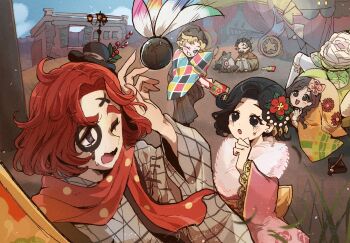 Rule 34 | 2boys, 2girls, :d, alternate costume, arthropod girl, ball, black eyes, black hair, black hat, blonde hair, blue eyes, braid, brown hair, circus, commentary request, curtained hair, dated, earrings, facepaint, facial hair, flower, frilled kimono, frills, fur shawl, grass, hair flower, hair ornament, hakama, hakama pants, hand on own chin, hand up, hat, highres, identity v, insect girl, japanese clothes, jewelry, kimono, lamppost, long hair, long sleeves, makeup, margaretha zelle, mini hat, multiple boys, multiple girls, murro (identity v), mustache, one eye closed, open mouth, pants, patterned clothing, perorinsr, pig, red hair, red scarf, runny makeup, scarf, shawl, short hair, smile, spider girl, standing, stud earrings, sweatdrop, twin braids, upper body, violetta (identity v), watermark, weeping clown (identity v)