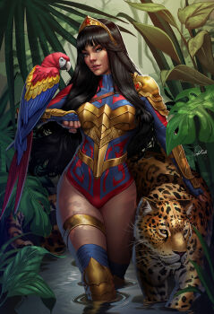 1girl animal_on_arm armor artist_name bird bird_on_arm black_hair blue-and-yellow_macaw blue_gloves blue_leotard breasts brown_eyes commentary dark-skinned_female dark_skin dc_comics douglas_bicalho english_commentary fingerless_gloves gloves heattech_leotard highres jaguar jungle leotard long_hair looking_at_viewer macaw medium_breasts mole mole_on_cheek multicolored_leotard nature paid_reward_available parrot parted_lips pauldrons red_leotard shoulder_armor single_pauldron sleeved_leotard solo tiara turtleneck two-tone_leotard vambraces wading walking wonder_woman wonder_woman_(series) yara_flor