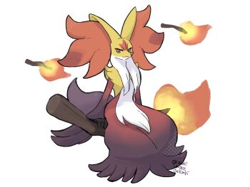 1other animal_ear_fluff animal_ears black_fur broom broom_riding closed_mouth delphox fire floating fox_ears full_body furry gen_6_pokemon highres looking_at_viewer mega_delphox mega_pokemon multicolored_fur nintendo pokemon pokemon_(creature) pokemon_focus red_eyes red_fur saki_pokeoekaki simple_background snout solo white_background white_fur yellow_fur