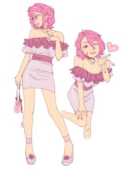 Rule 34 | 1girl, alternate costume, artist name, bag, bare shoulders, bloo (bloo cookie), blowing kiss, breasts, cleavage, commentary, dandadan, dress, earrings, full body, hair between eyes, hand on own chest, highres, holding, holding bag, jewelry, medium breasts, medium hair, multiple views, necklace, off-shoulder dress, off shoulder, one eye closed, parted lips, pink bag, pink dress, pink eyes, pink hair, pink shoes, puffy short sleeves, puffy sleeves, shiratori aira (dandadan), shoes, short sleeves, smile, solo, symbol-only commentary, white background