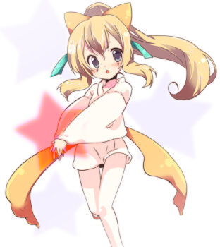 1girl blonde_hair blue_eyes blush female_focus gen_3_pokemon jirachi legendary_pokemon long_hair mythical_pokemon nakamura_sandayo nintendo open_mouth personification pokemon simple_background solo white_background