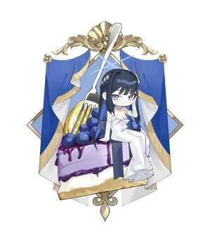 Rule 34 | 1girl, bare shoulders, black hair, blue archive, blue eyes, blue hair, blue halo, blueberry, cake, chibi, chibi only, choker, colored inner hair, devid (devis515333), dress, elbow gloves, flower, food, fork, fruit, gloves, hair flower, hair ornament, halo, hand on own face, hashtag-only commentary, highres, lemon, long hair, looking at viewer, multicolored hair, official alternate costume, saori (blue archive), saori (dress) (blue archive), sitting, solo, strapless, strapless dress, white choker, white dress, white gloves