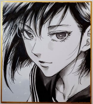 1girl closed_mouth expressionless eyelashes greyscale looking_at_viewer makomako1061 monochrome original photo_(medium) portrait sailor_collar shikishi short_hair solo traditional_media