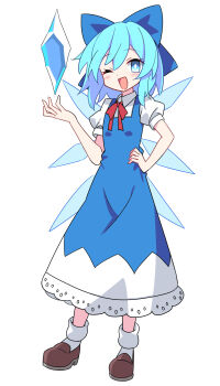 1girl blue_bow blue_dress blue_eyes blue_hair blush bow bowtie bright_pupils brown_shoes cirno collared_shirt commentary_request dress e.o. full_body hair_between_eyes hair_bow hand_on_own_hip hand_up highres ice ice_wings long_dress looking_at_viewer one_eye_closed open_mouth pinafore_dress puffy_short_sleeves puffy_sleeves red_bow red_bowtie shirt shoes short_hair short_sleeves simple_background sleeveless sleeveless_dress smile socks solo standing touhou white_background white_pupils white_shirt white_socks wings