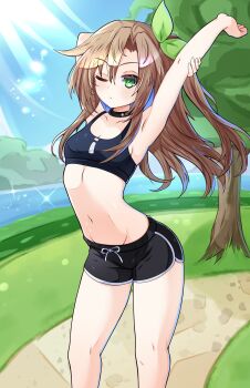 Rule 34 | 1girl, absurdres, black shorts, black sports bra, brown hair, closed mouth, commentary, english commentary, green eyes, highres, if (neptunia), long hair, looking at viewer, midriff, mrrollingcircle, navel, neptune (series), one eye closed, outdoors, park, ponytail, shorts, solo, sports bra, stomach, stretching, sunlight, tree