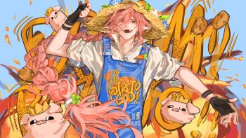 1boy absurdres alternate_costume androgynous animification bishounen black_gloves blue_overalls braid carrot chinese_commentary clover_hair_ornament commentary_request crown english_text fingerless_gloves gloves hair_between_eyes hair_ornament hat highres humanization hypixel hypixel_skyblock long_hair looking_at_viewer male_focus minecraft_youtube overalls pig pink_hair pointy_ears potato red_eyes shirt single_braid straw_hat technoblade very_long_hair wadden_(0764541510) white_shirt