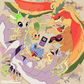 anniversary bayleef bellsprout celebi chikorita claws cleffa closed_mouth colored_skin corsola croconaw cyndaquil delibird entei fangs feraligatr full_body game_boy game_boy_color gen_1_pokemon gen_2_pokemon handheld_game_console highres ho-oh hoothoot hoppip houndoom igglybuff kingdra lanturn legendary_pokemon lugia mamebato mantine mareep meganium mythical_pokemon nintendo no_humans noctowl octillery open_mouth piloswine pokemon pokemon_(creature) pokemon_focus pokemon_gsc politoed quagsire raikou red_eyes remoraid scizor skarmory slugma smile starter_pokemon_trio sudowoodo suicune tail totodile twitter_username typhlosion tyranitar ursaring wobbuffet