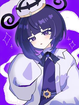 1girl :o belt belt_buckle blush bob_cut buckle coat eyelashes gwynn_(pokemon) hat highres long_sleeves looking_at_viewer mimi_nyaa nintendo o-ring o-ring_belt open_clothes open_coat open_mouth pokemon pokemon_legends:_z-a purple_background purple_hair short_hair sleeves_past_fingers sleeves_past_wrists solo white_coat wide_sleeves