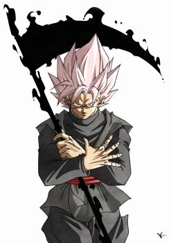 1boy black_pants black_shirt dougi dragon_ball dragon_ball_super earrings energy_blade goku_black grey_hair grey_tunic highres holding holding_scythe jewelry kakeru_(dbskakeru) medium_hair pants pink_hair potara_earrings red_sash sash scythe shirt simple_background single_earring solo spiked_hair super_saiyan super_saiyan_rose tunic upper_body white_background