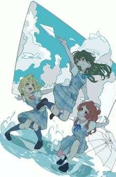 3girls absurdres after_rain asawaka_(bakushou) blonde_hair blue_dress cloud dress fujita_kotone gakuen_idolmaster green_hair hanami_saki highres idolmaster jumping long_hair multiple_girls open_mouth paper_airplane plaid_clothes plaid_dress puddle red_hair short_sleeves smile tsukimura_temari umbrella